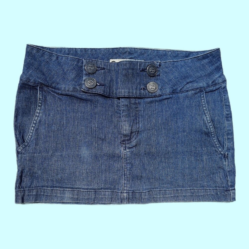 Y2K Micro Mini Denim Skirt Womens Size 9 Low Rise Flap Pockets Wide waistband